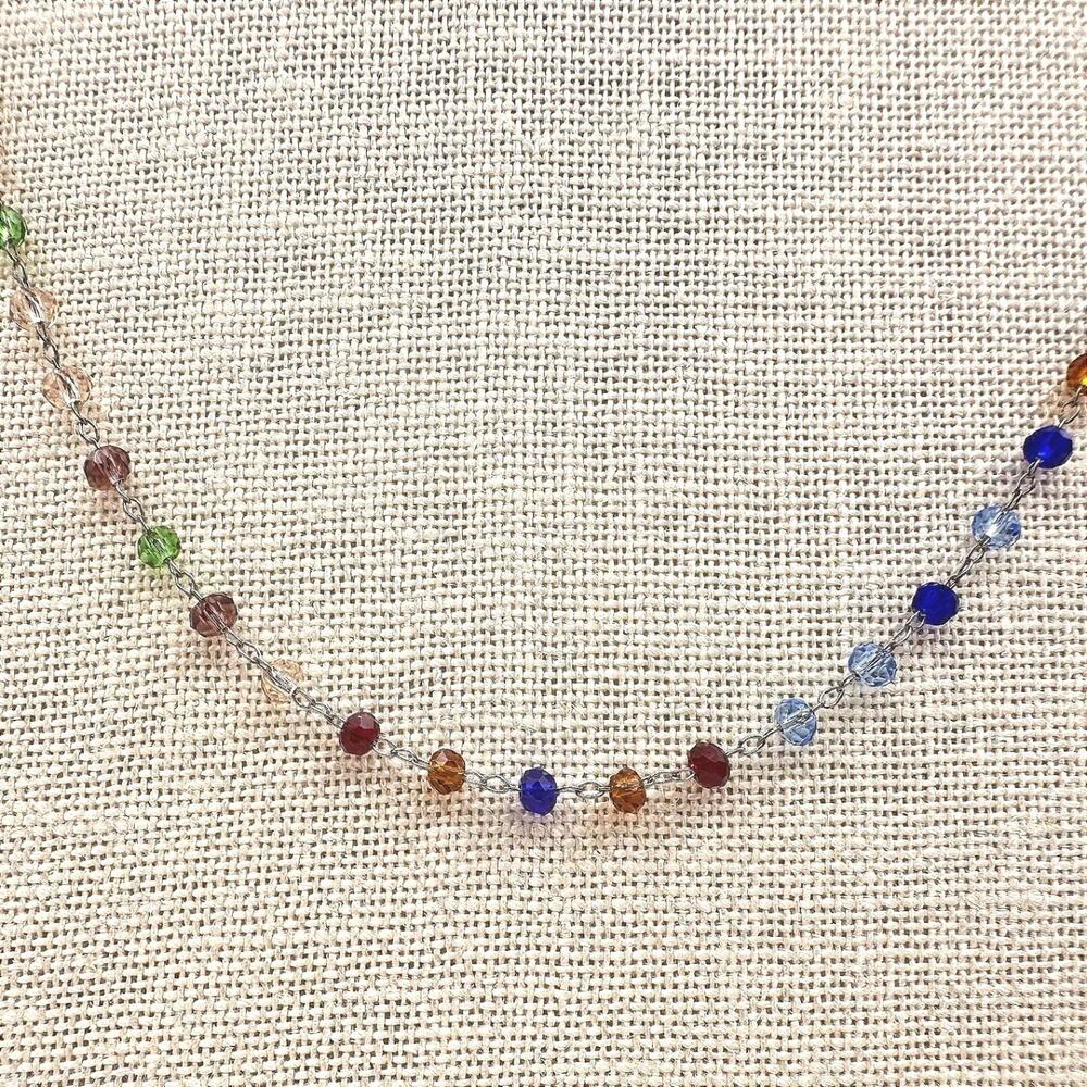 Vintage 80s Rainbow Crystal Bead Necklace Chakra Glass Alloy Cable Chain Jewelry